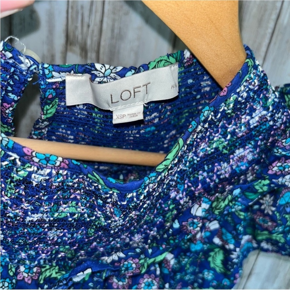 Loft Blue Floral Smocked Shirred Blouse - Picture 9 of 9